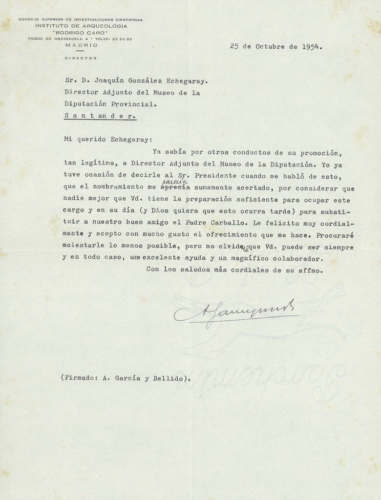 Carta de Antonio García y Bellido a Joaquín González Echegaray